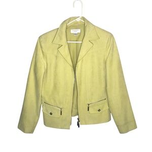 Women’s Yellow Zip Up Jacket Size M Faux Suede Moto Style Pockets Shoulder Pads